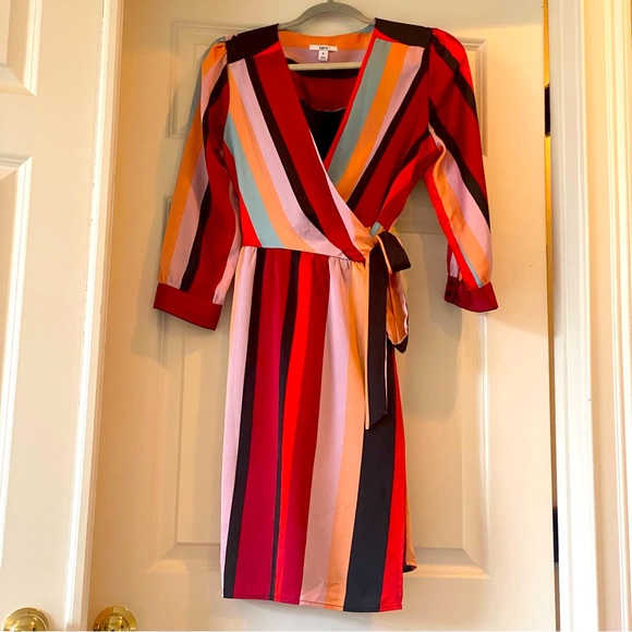 Bar lll Multi Colored Striped Wrapped Satin Dress Size M - Picture 6 of 11